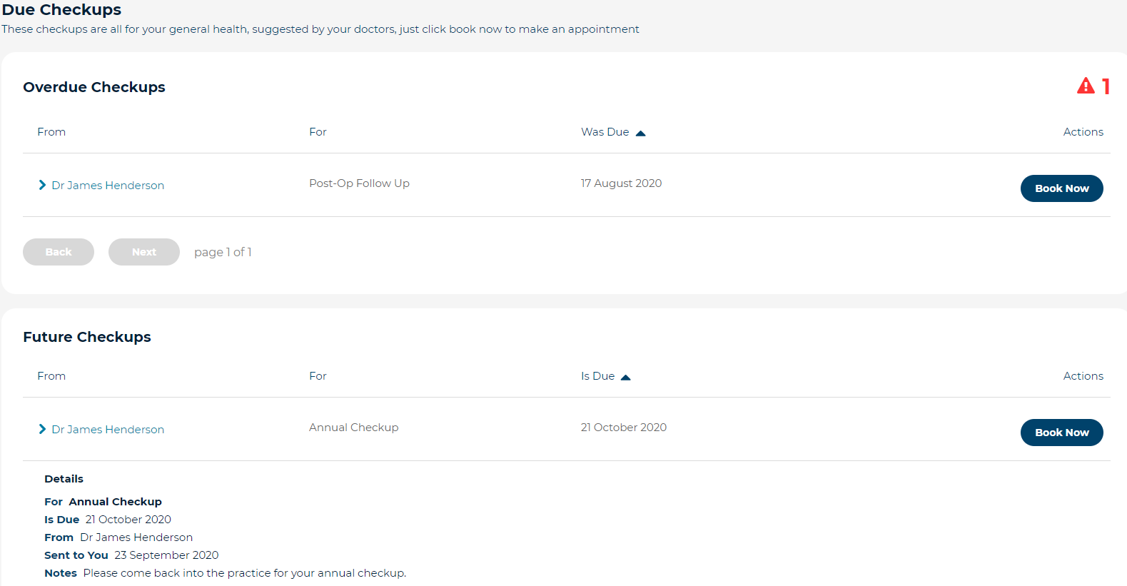 Due Checkups tab